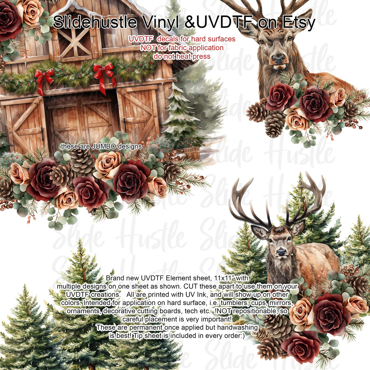 UVDTF Element Sheet, Winter Rustic Barn and Deer , 11x11", VF725 ES45