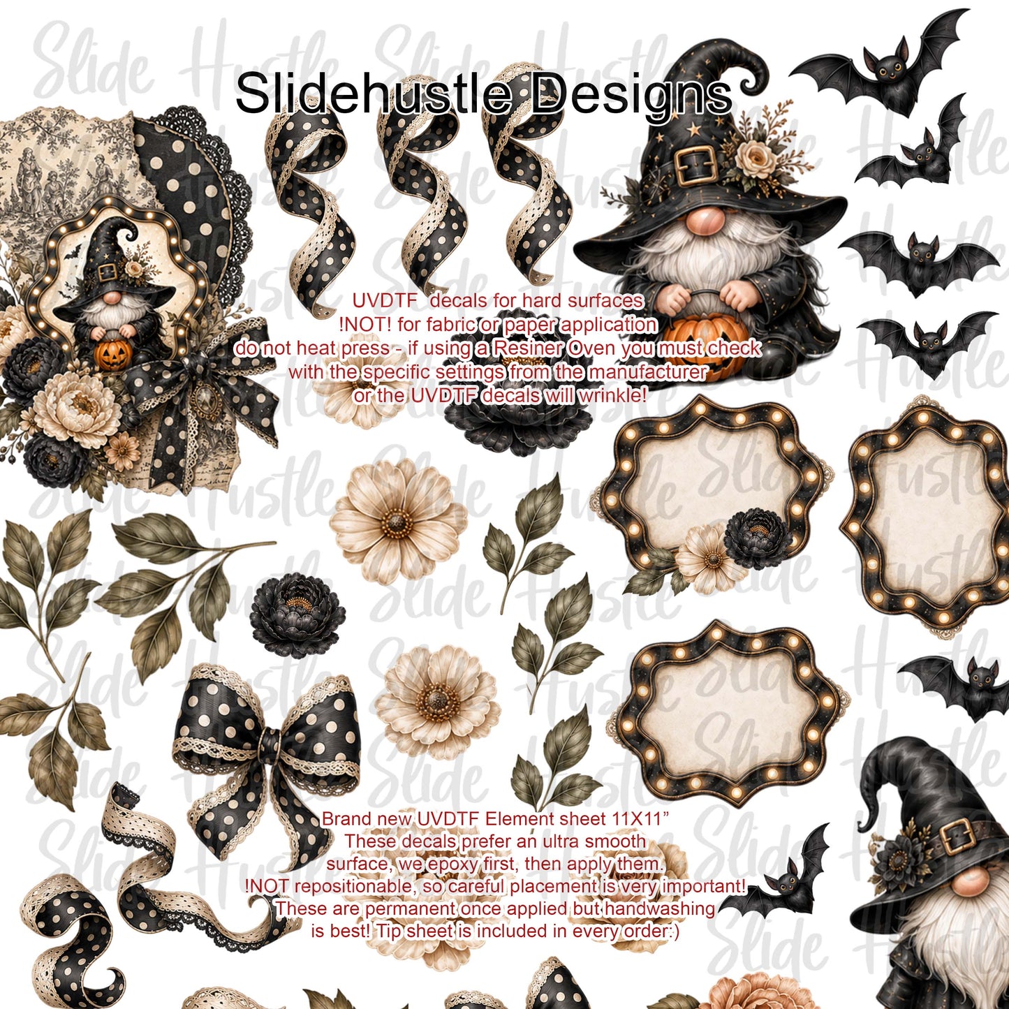 UVDTF Element Sheet, Halloween Gnomes, Flowers, Bows, and Marquees, 11"x11", VF904 ES5