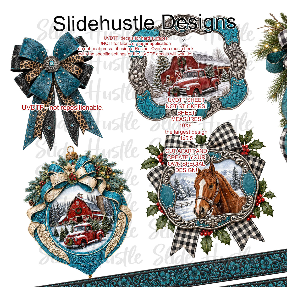 UVDTF Element Sheet, 10x8", Turquoise medallions, embossed ribbon, and ornaments VF905 ES20