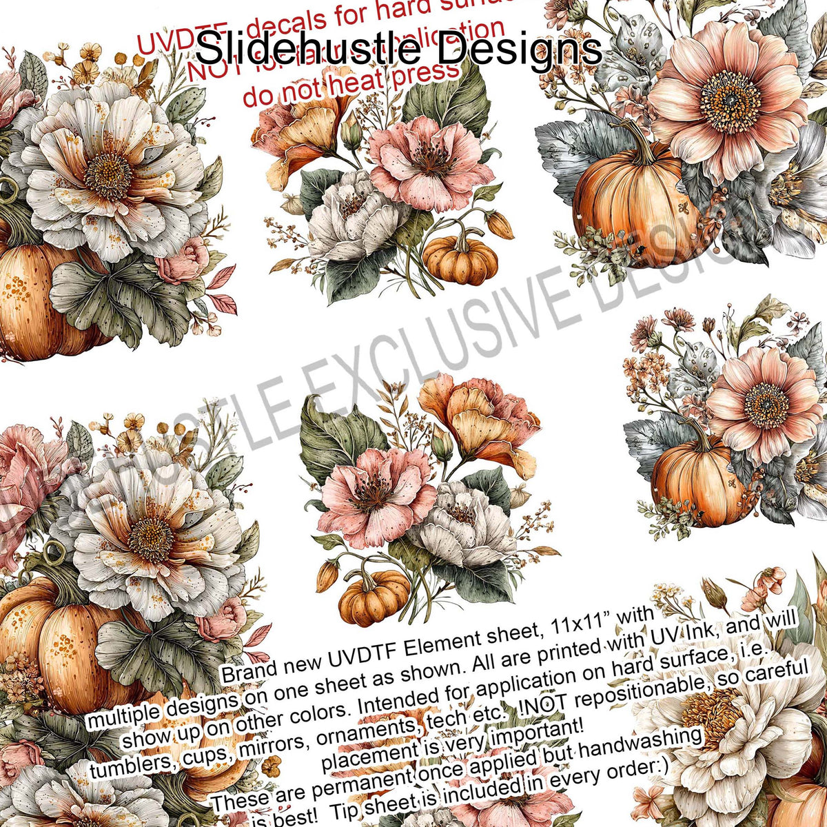 UVDTF Element Sheet, Fall Florals with pumpkins, 11"x11", VF905 ES21