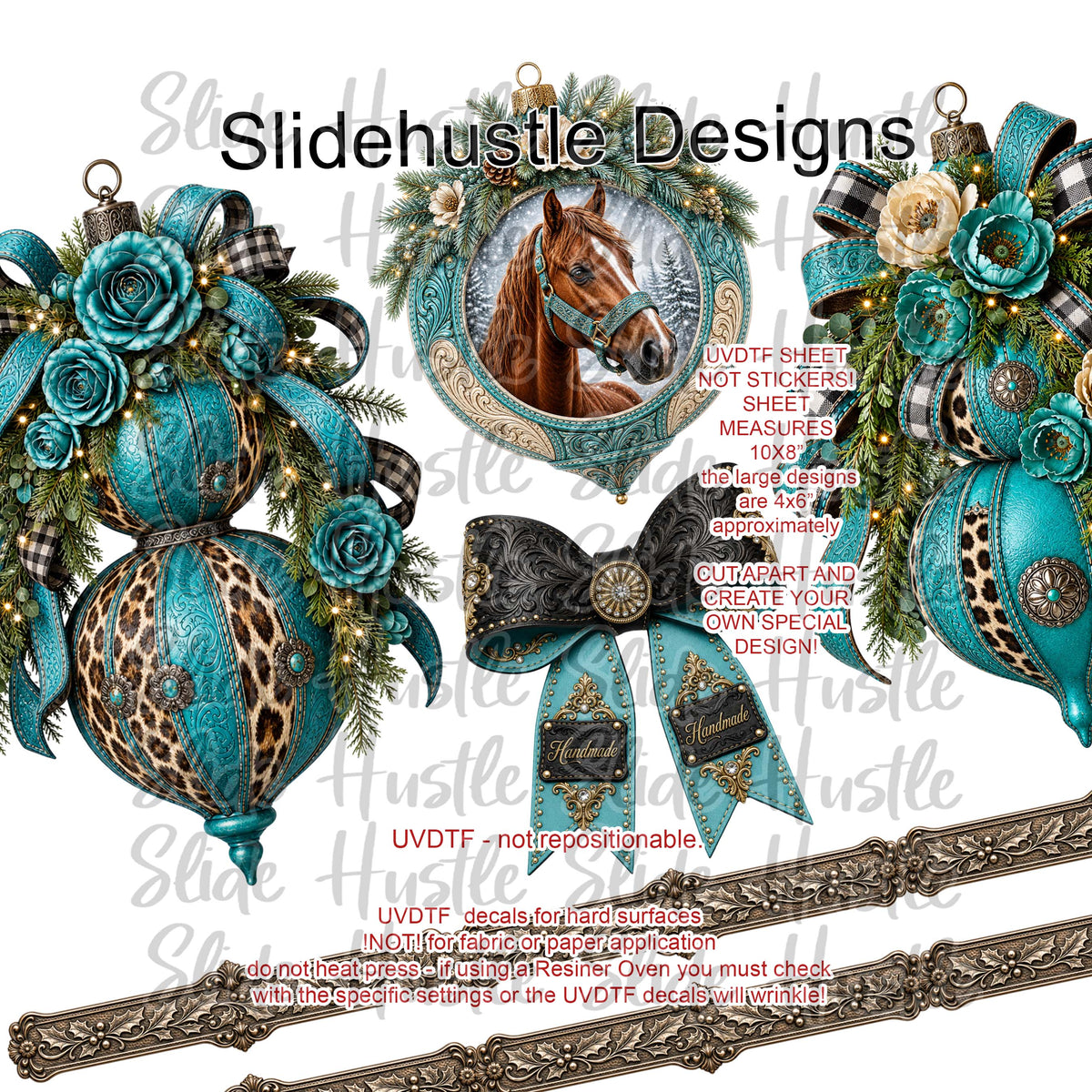 UVDTF Element Sheet, 10x8", Western Christmas, Horse medallions, Florals, and ornaments VF905 ES24