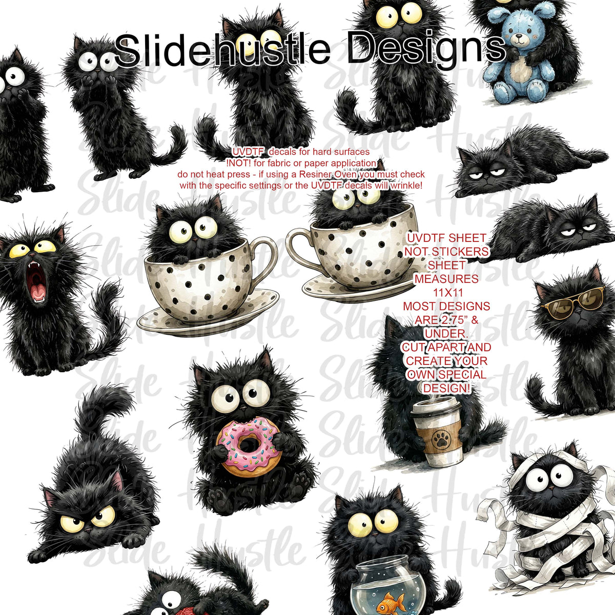 UVDTF Element Sheet, Cute Black Cats, 11x11", VF905 ES24