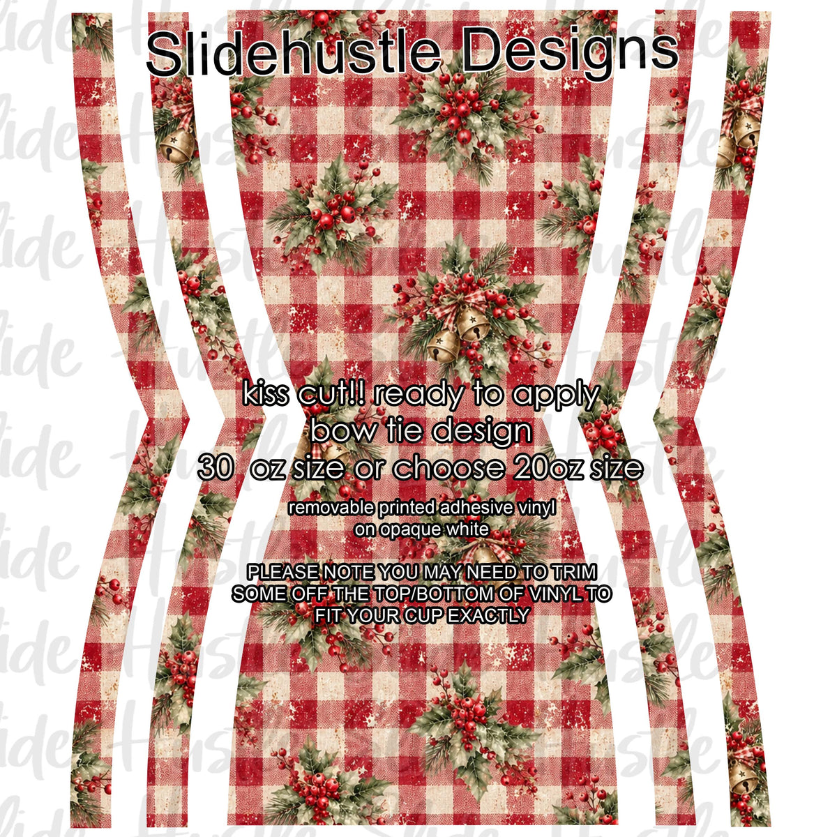 Bow Tie Design, Christmas greenery on red plaid background, choose 20 or 30 ounce, VF906 KC4