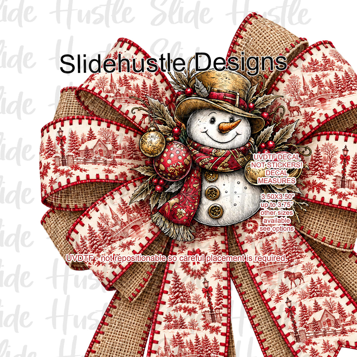 UVDTF Decal, Christmas Bow, burlap and snowman center, VF906 S12