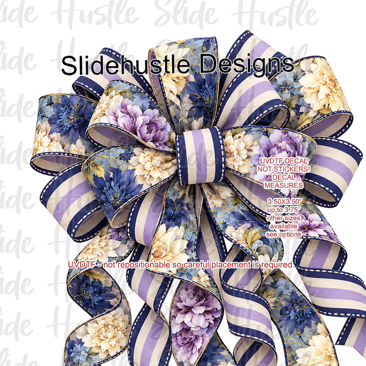 UVDTF Decal, Lavender Bow with Blue and Yellow Flowers, VF906 S15