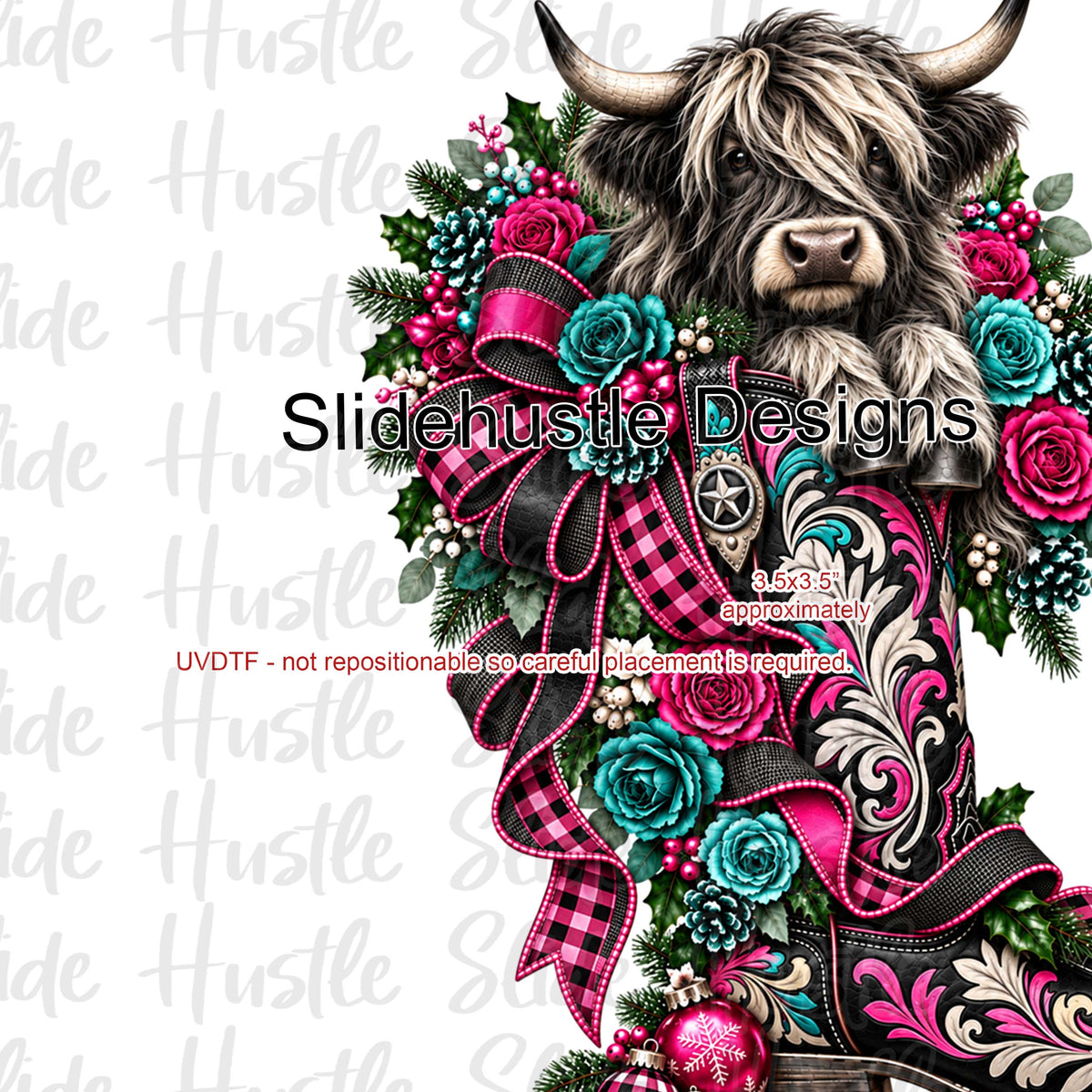 UVDTF Decal, Highlands Cow in Christmas Boot, VF906 S38