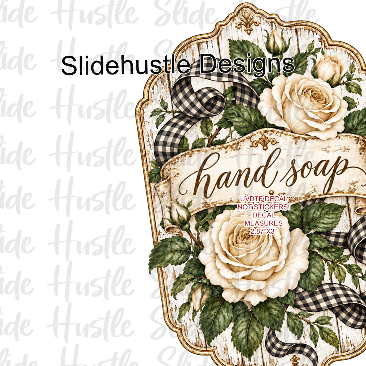 UVDTF Decal, Hand soap with white roses VF906 S5 3.5"x3.5"
