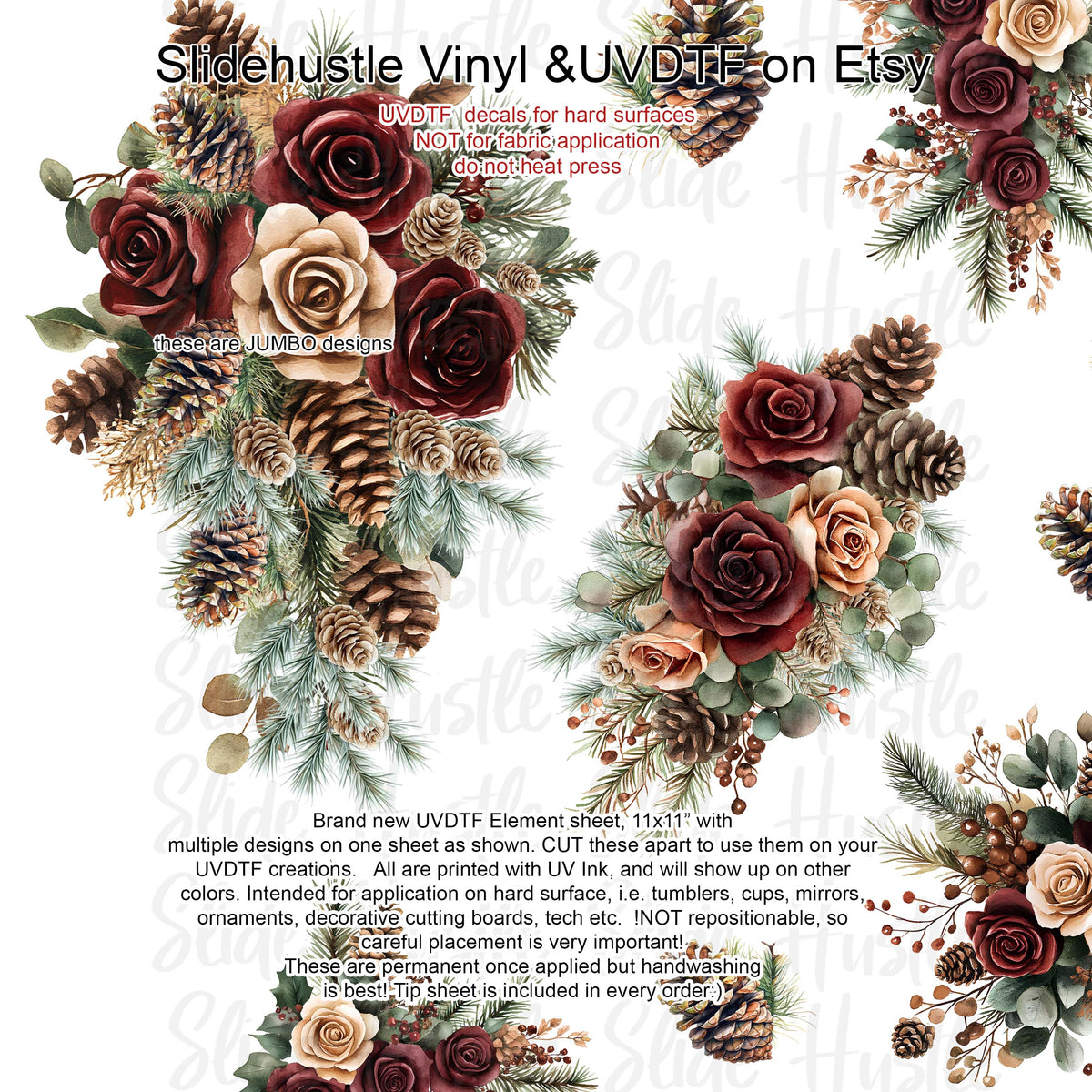 UVDTF Element Sheet, Winter Floral with pinecones, roses , 11x11", VF725 ES43
