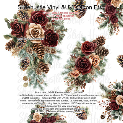 UVDTF Element Sheet, Winter Floral with pinecones, roses , 11x11", VF725 ES43