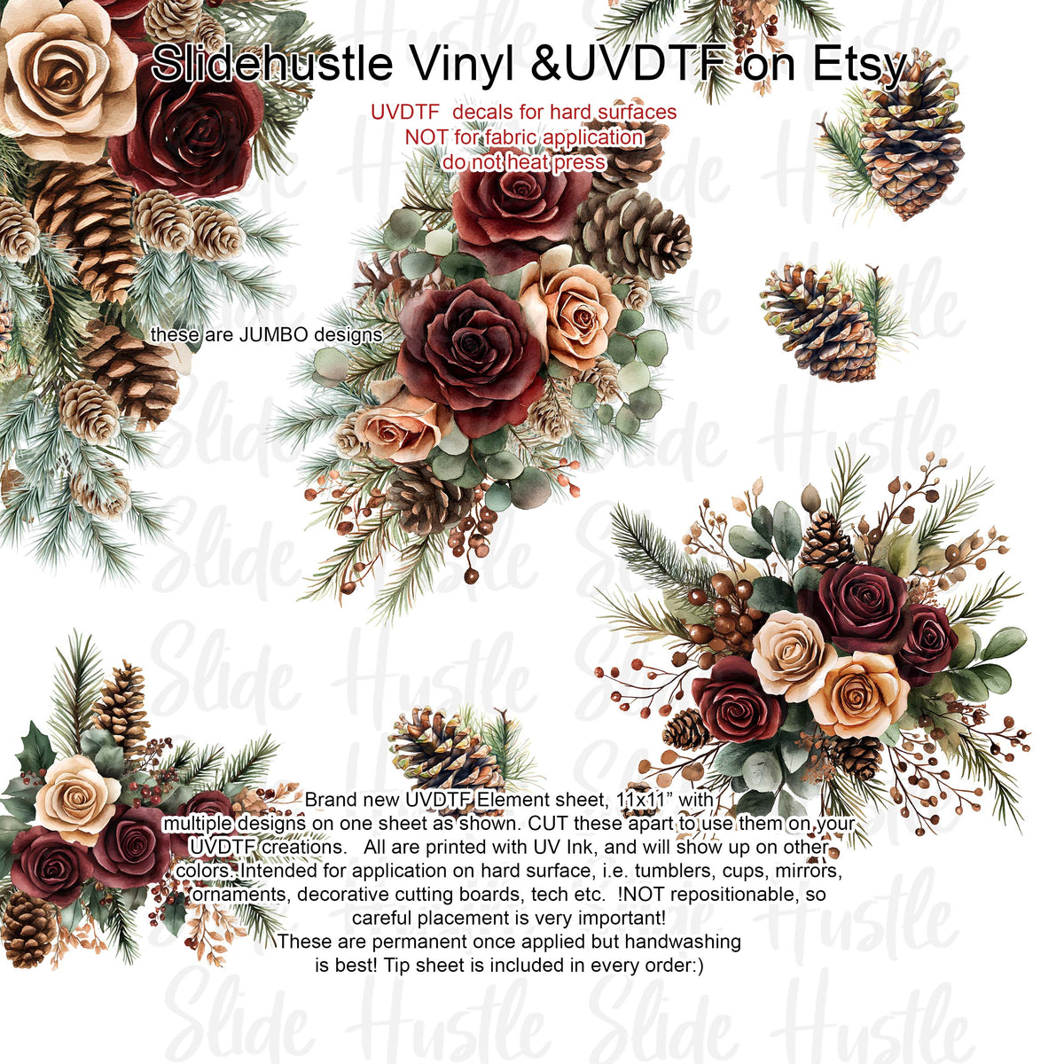 UVDTF Element Sheet, Winter Floral with pinecones, roses , 11x11", VF725 ES43