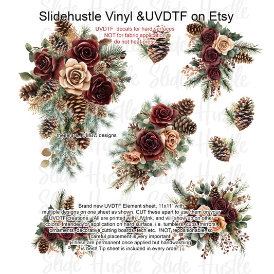 UVDTF Element Sheet, Winter Floral with pinecones, roses , 11x11", VF725 ES43