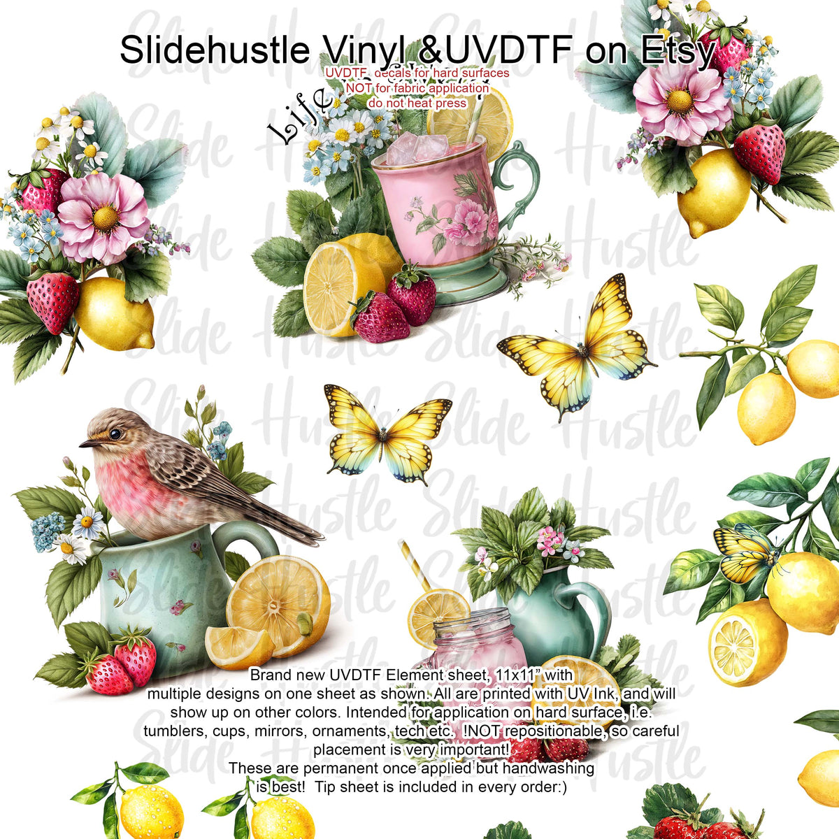 UVDTF Element Sheet, Summer Birds, Lemons and Butterflies, 11x11", VF725 ES46