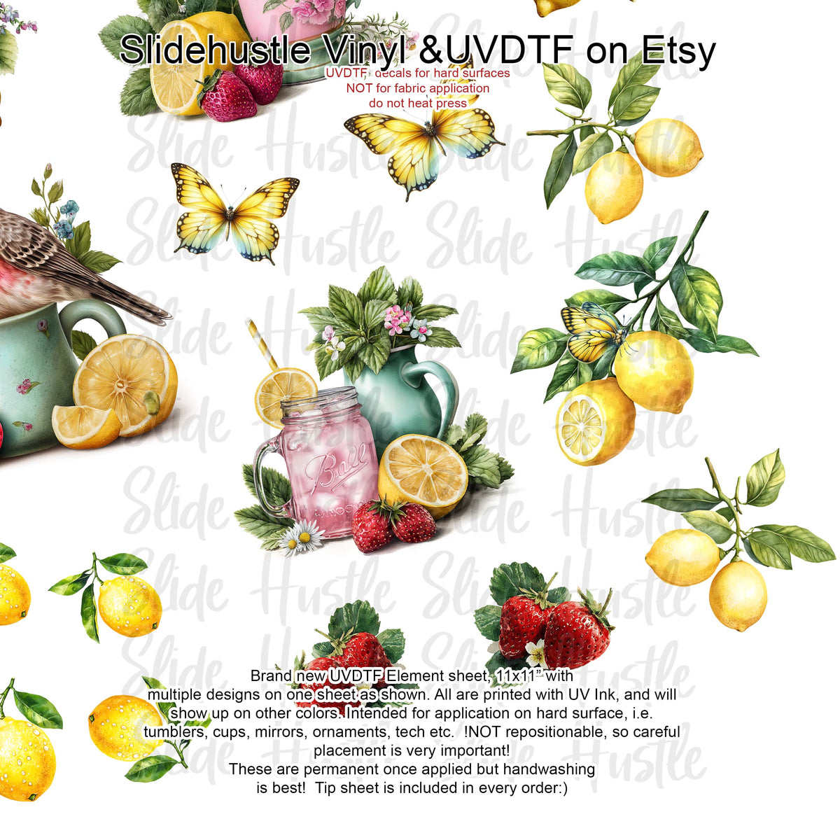 UVDTF Element Sheet, Summer Birds, Lemons and Butterflies, 11x11", VF725 ES46