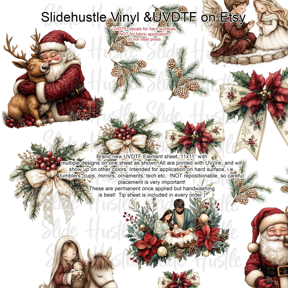 UVDTF Element Sheet, Christmas Greenery with Santa and Reindeer , 11x11", VF725 ES51