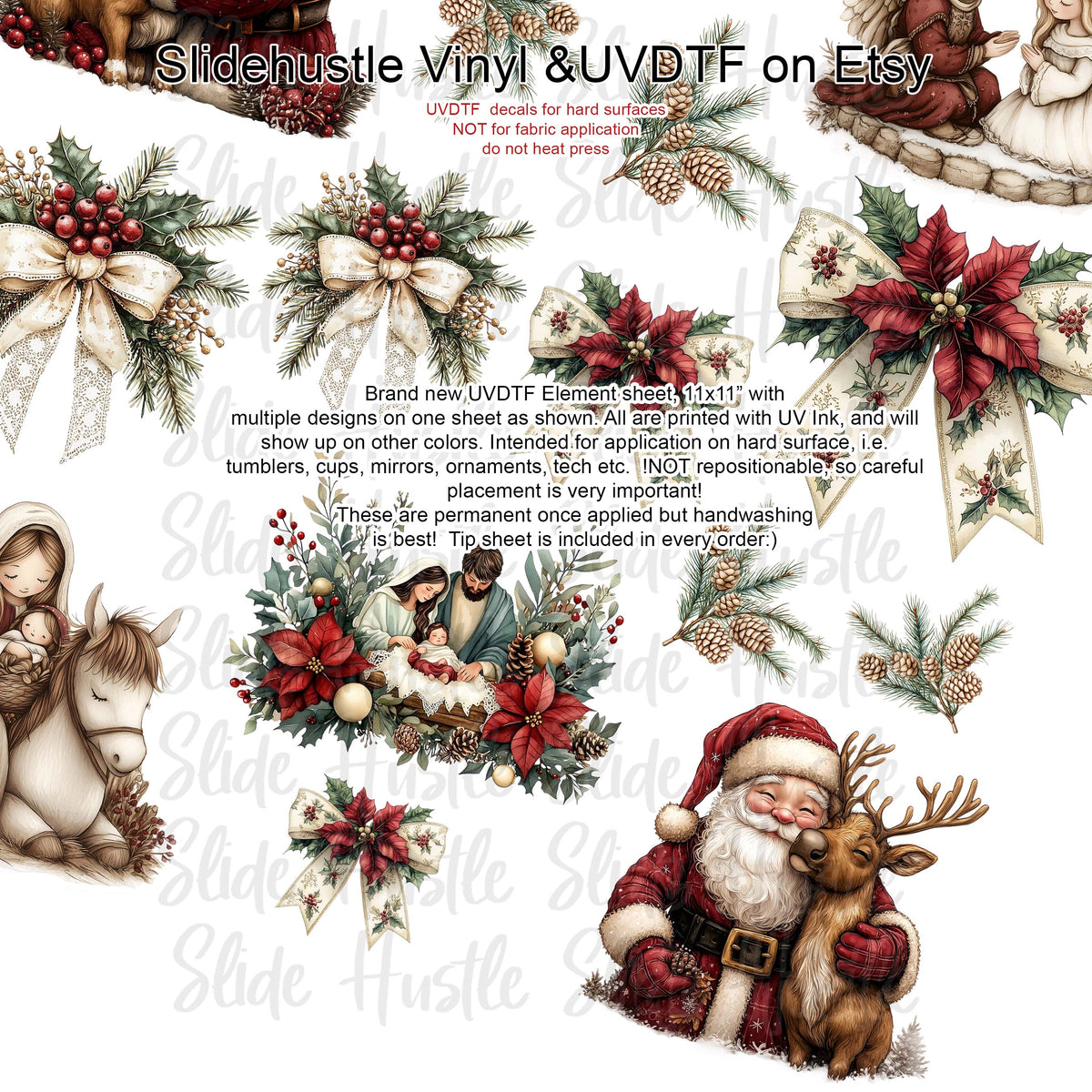 UVDTF Element Sheet, Christmas Greenery with Santa and Reindeer , 11x11", VF725 ES51