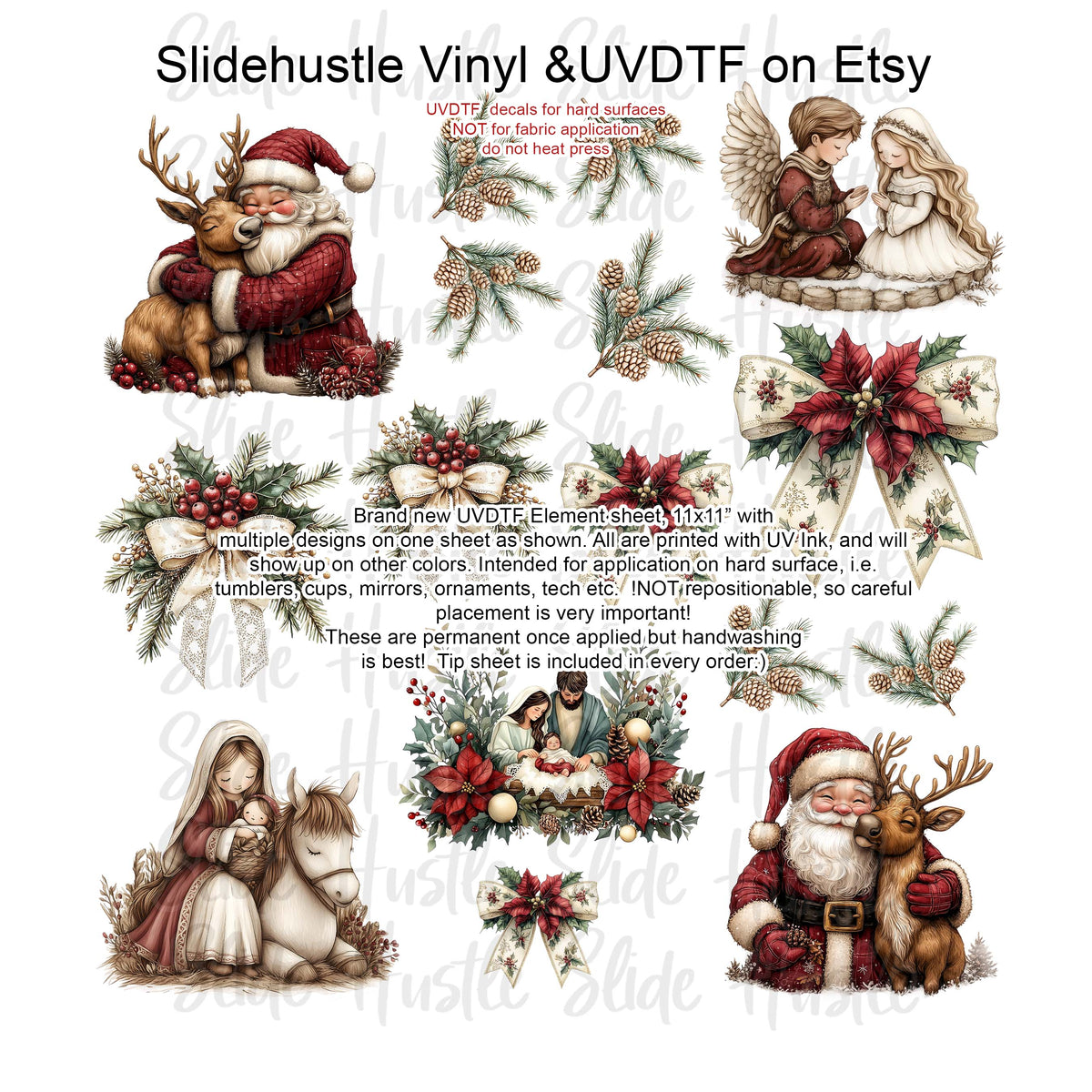 UVDTF Element Sheet, Christmas Greenery with Santa and Reindeer , 11x11", VF725 ES51
