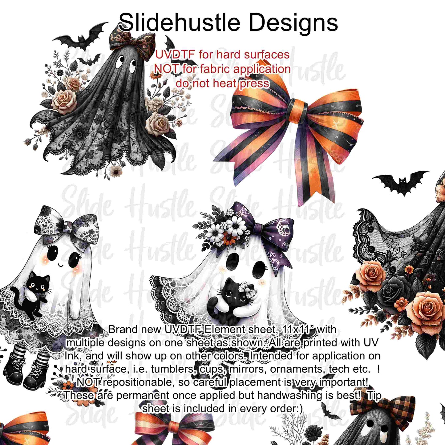 UVDTF Element Sheet, Halloween, Cute Ghosts and bows, 11"x11", VF726 UVB2