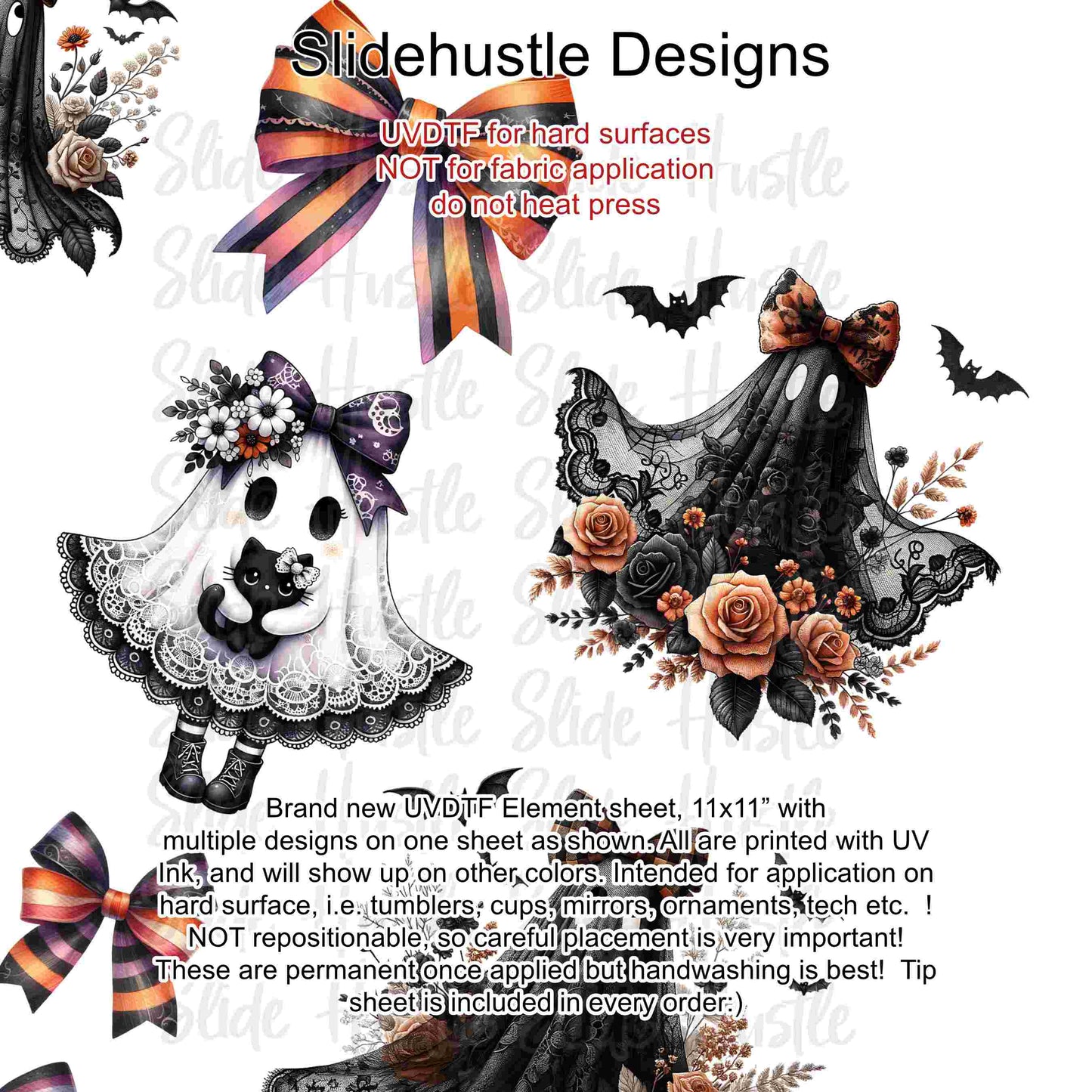 UVDTF Element Sheet, Halloween, Cute Ghosts and bows, 11"x11", VF726 UVB2