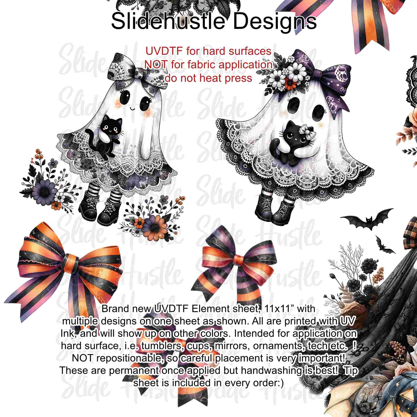 UVDTF Element Sheet, Halloween, Cute Ghosts and bows, 11"x11", VF726 UVB2