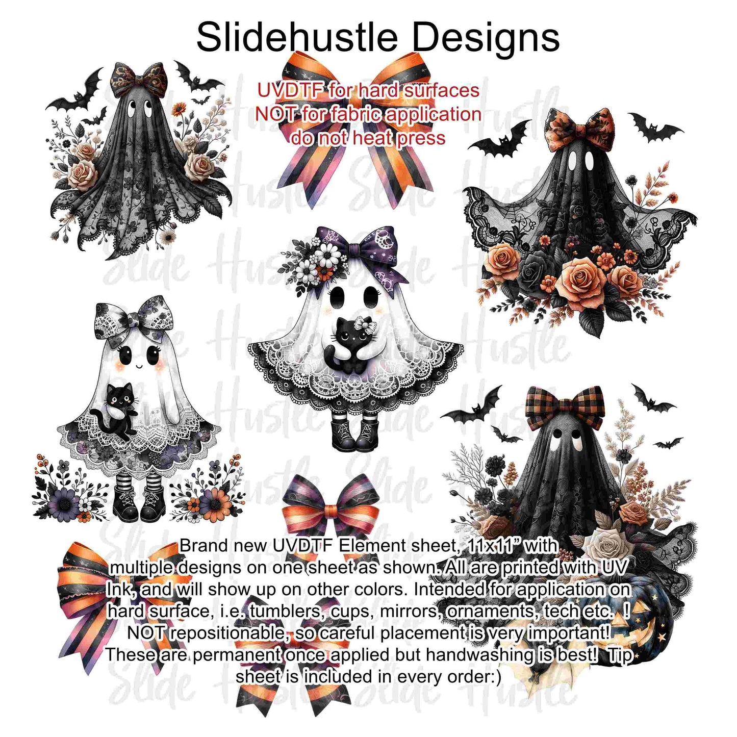 UVDTF Element Sheet, Halloween, Cute Ghosts and bows, 11"x11", VF726 UVB2