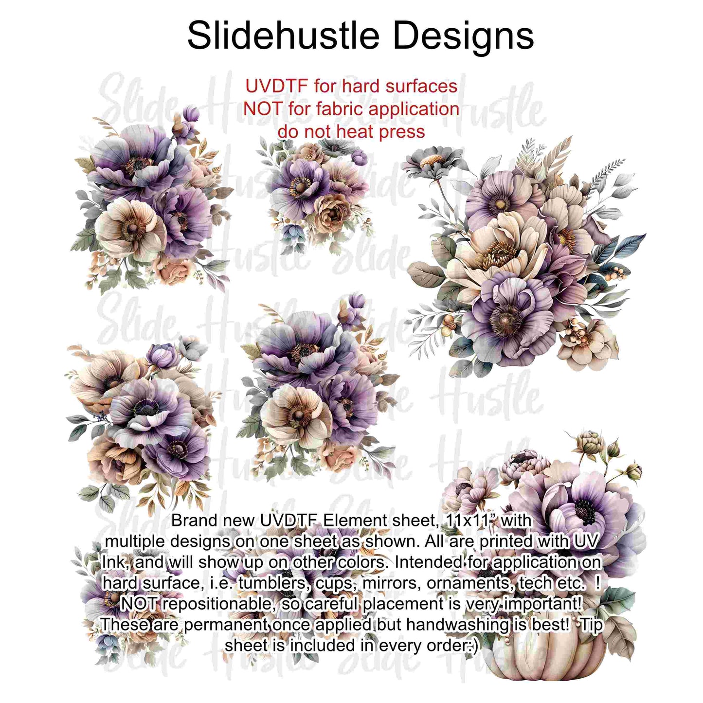 UVDTF Element Sheet, Halloween, Lavender Florals, 11"x11", VF726 UVB3