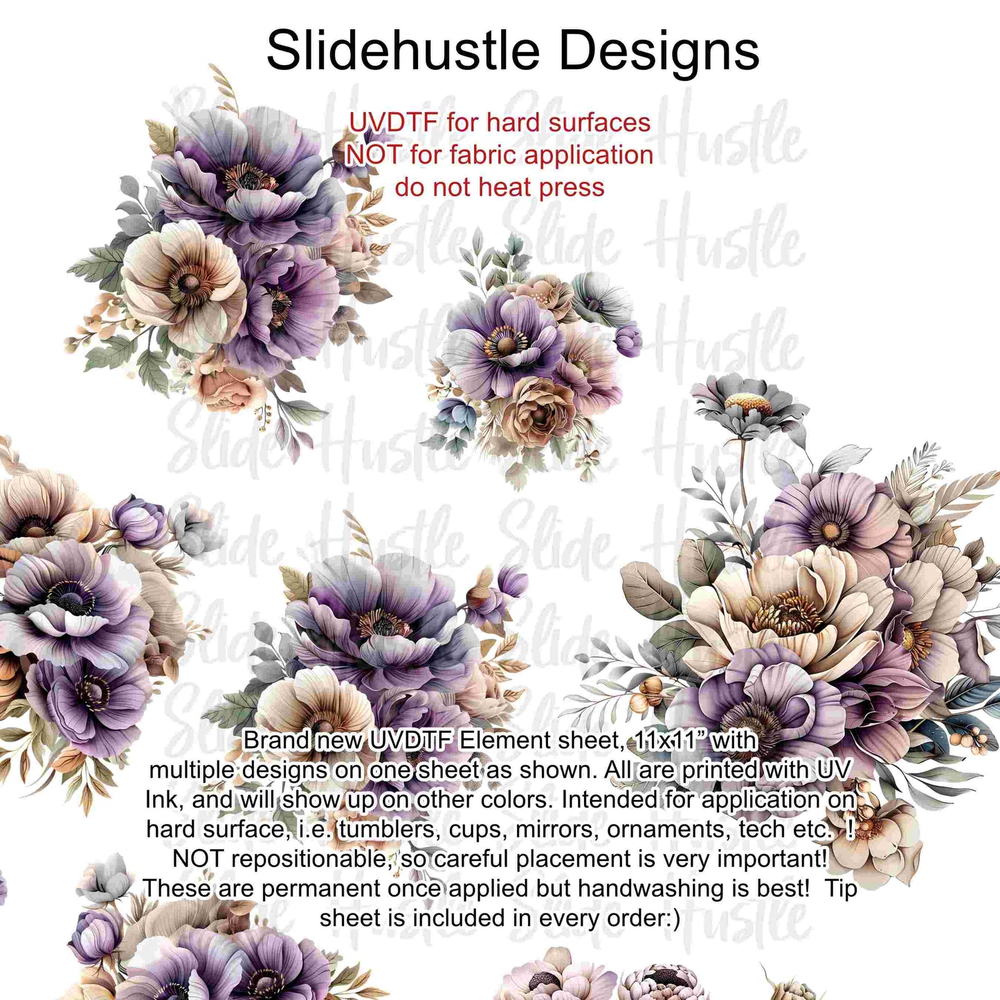 UVDTF Element Sheet, Halloween, Lavender Florals, 11"x11", VF726 UVB3