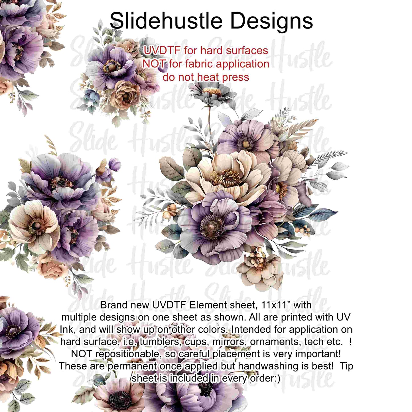 UVDTF Element Sheet, Halloween, Lavender Florals, 11"x11", VF726 UVB3
