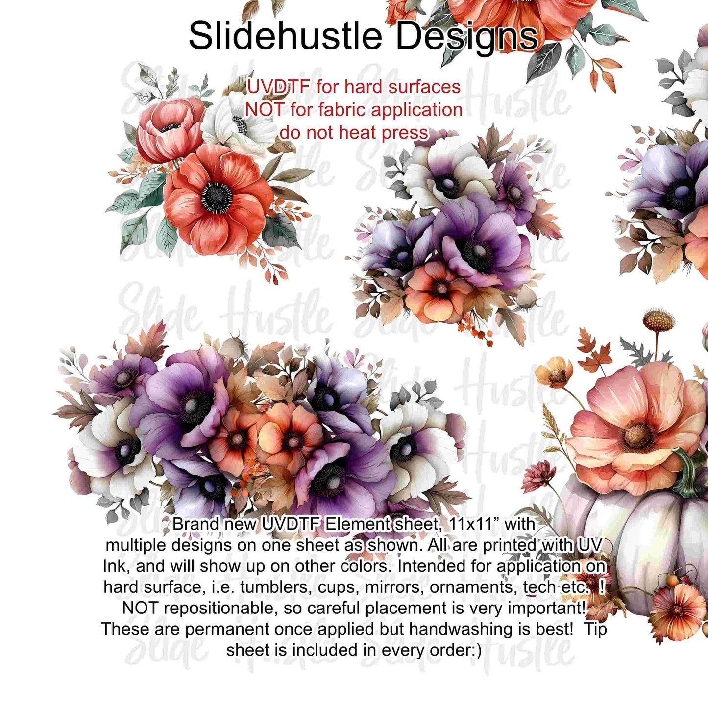 UVDTF Element Sheet, Halloween, Pumpkin Florals, 11"x11", VF726 UVB4