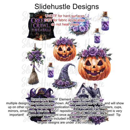 UVDTF Element Sheet, Halloween, Pumpkins, witch hats, haunted house, 8.5"x11", VF726 UVB5