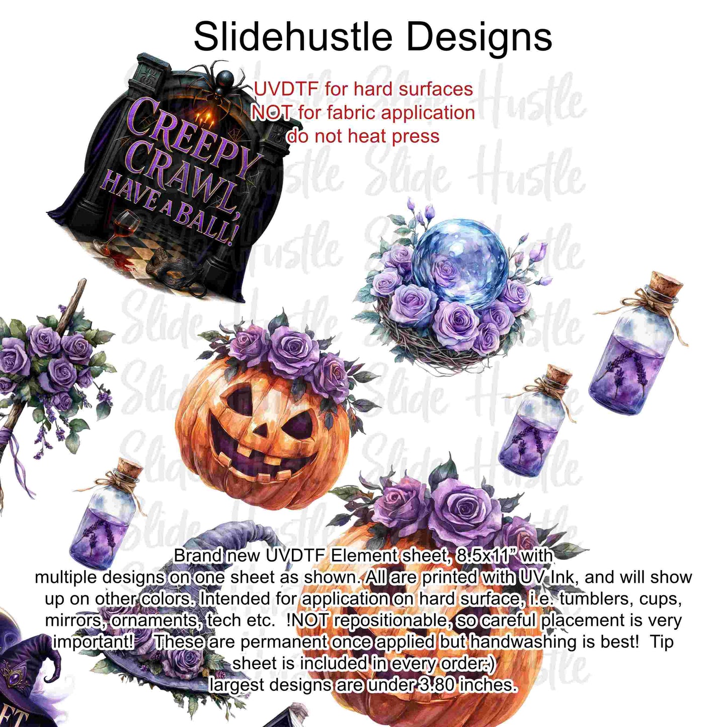 UVDTF Element Sheet, Halloween, Pumpkins, witch hats, haunted house, 8.5"x11", VF726 UVB5