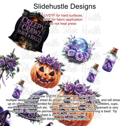 UVDTF Element Sheet, Halloween, Pumpkins, witch hats, haunted house, 8.5"x11", VF726 UVB5