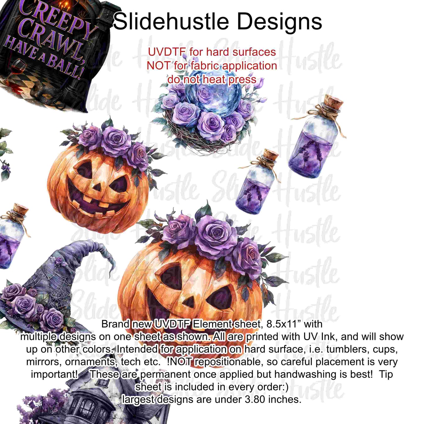 UVDTF Element Sheet, Halloween, Pumpkins, witch hats, haunted house, 8.5"x11", VF726 UVB5