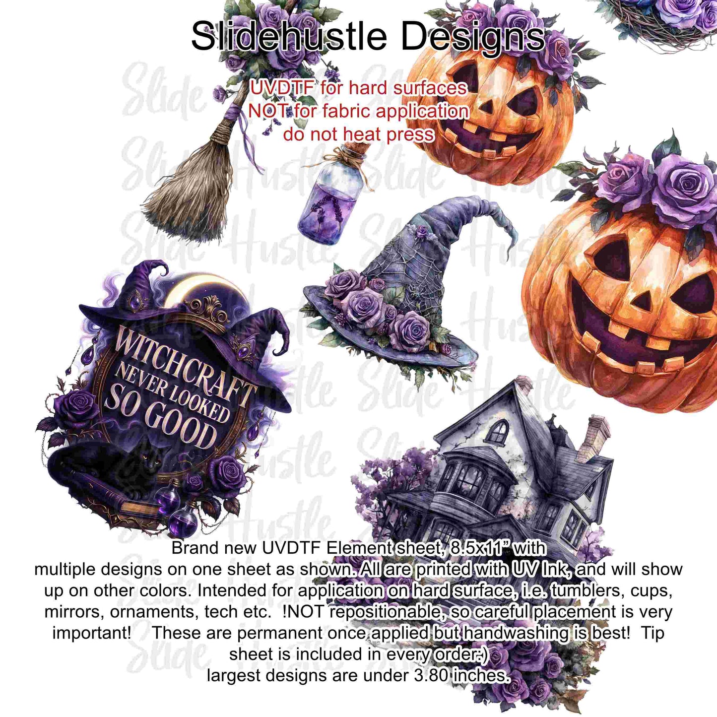 UVDTF Element Sheet, Halloween, Pumpkins, witch hats, haunted house, 8.5"x11", VF726 UVB5