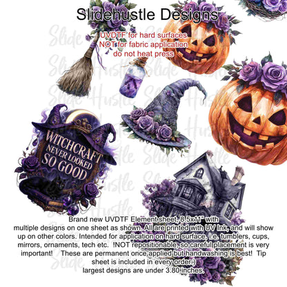 UVDTF Element Sheet, Halloween, Pumpkins, witch hats, haunted house, 8.5"x11", VF726 UVB5