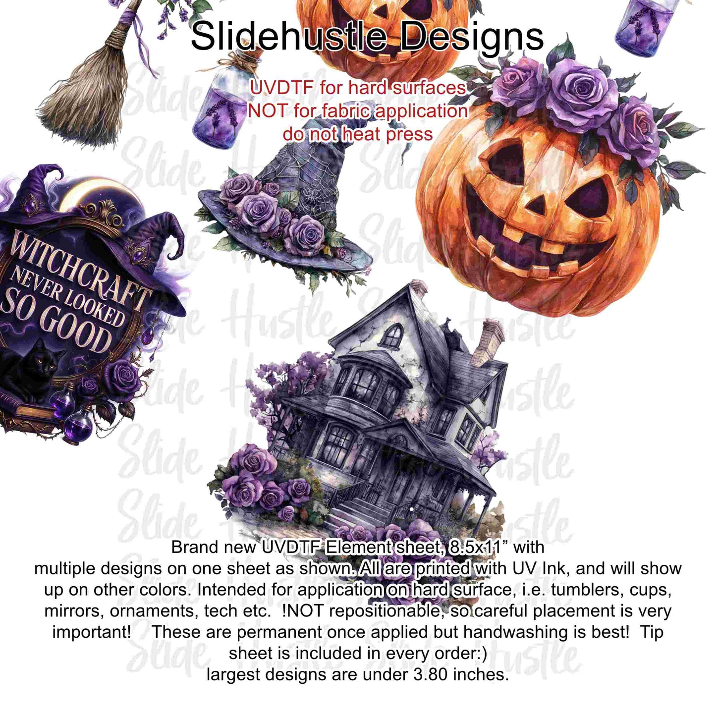 UVDTF Element Sheet, Halloween, Pumpkins, witch hats, haunted house, 8.5"x11", VF726 UVB5