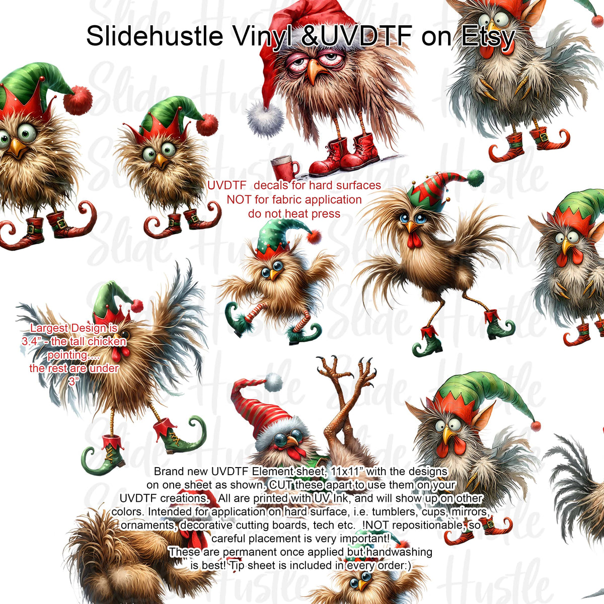 UVDTF Element Sheet, Funky Christmas Chickens , 11x11", VF731 ES1