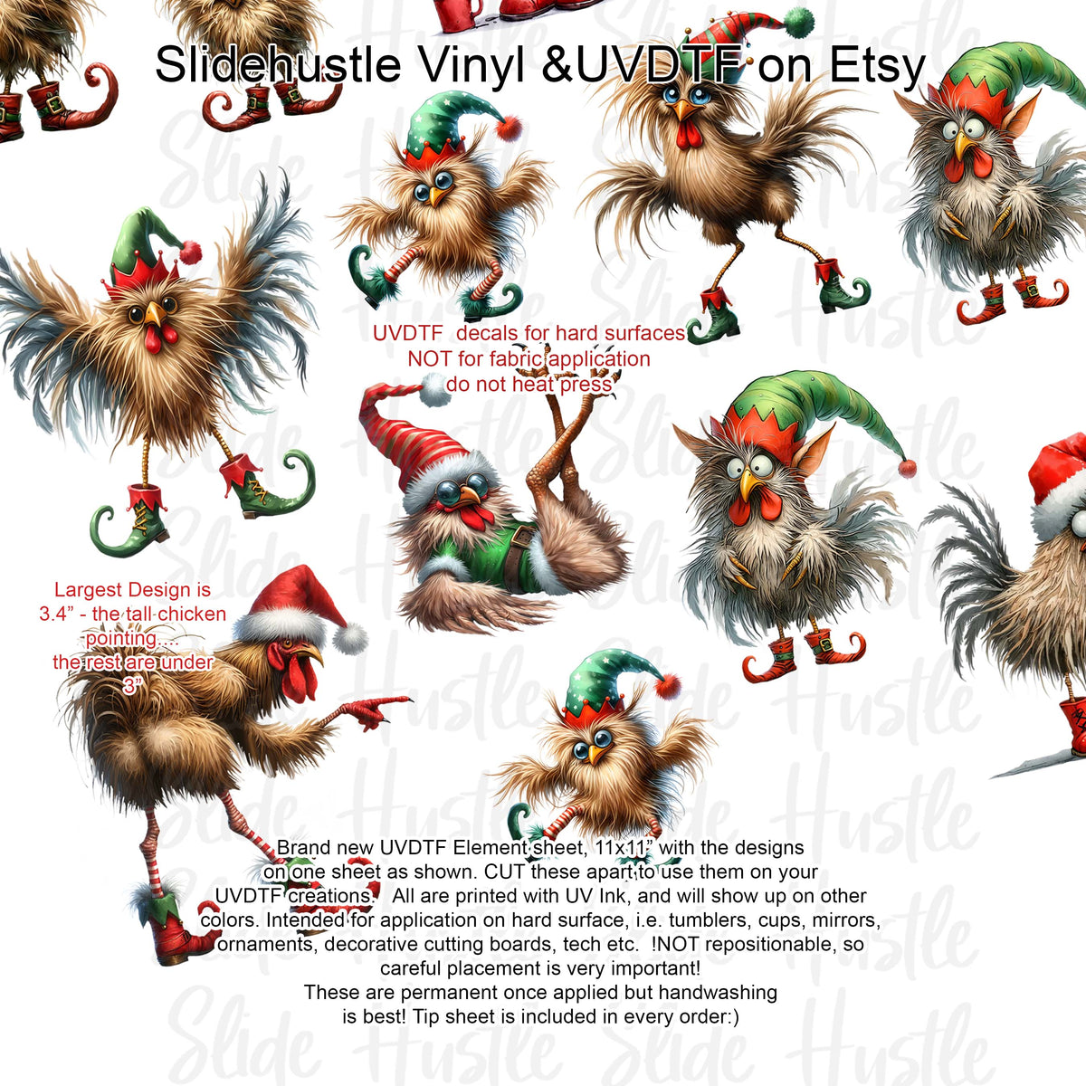 UVDTF Element Sheet, Funky Christmas Chickens , 11x11", VF731 ES1