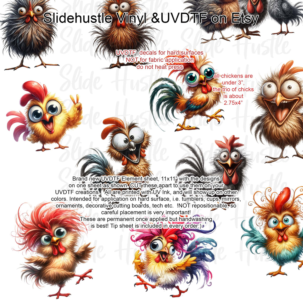 UVDTF Element Sheet, Funky Chickens , 11x11", VF731 ES2