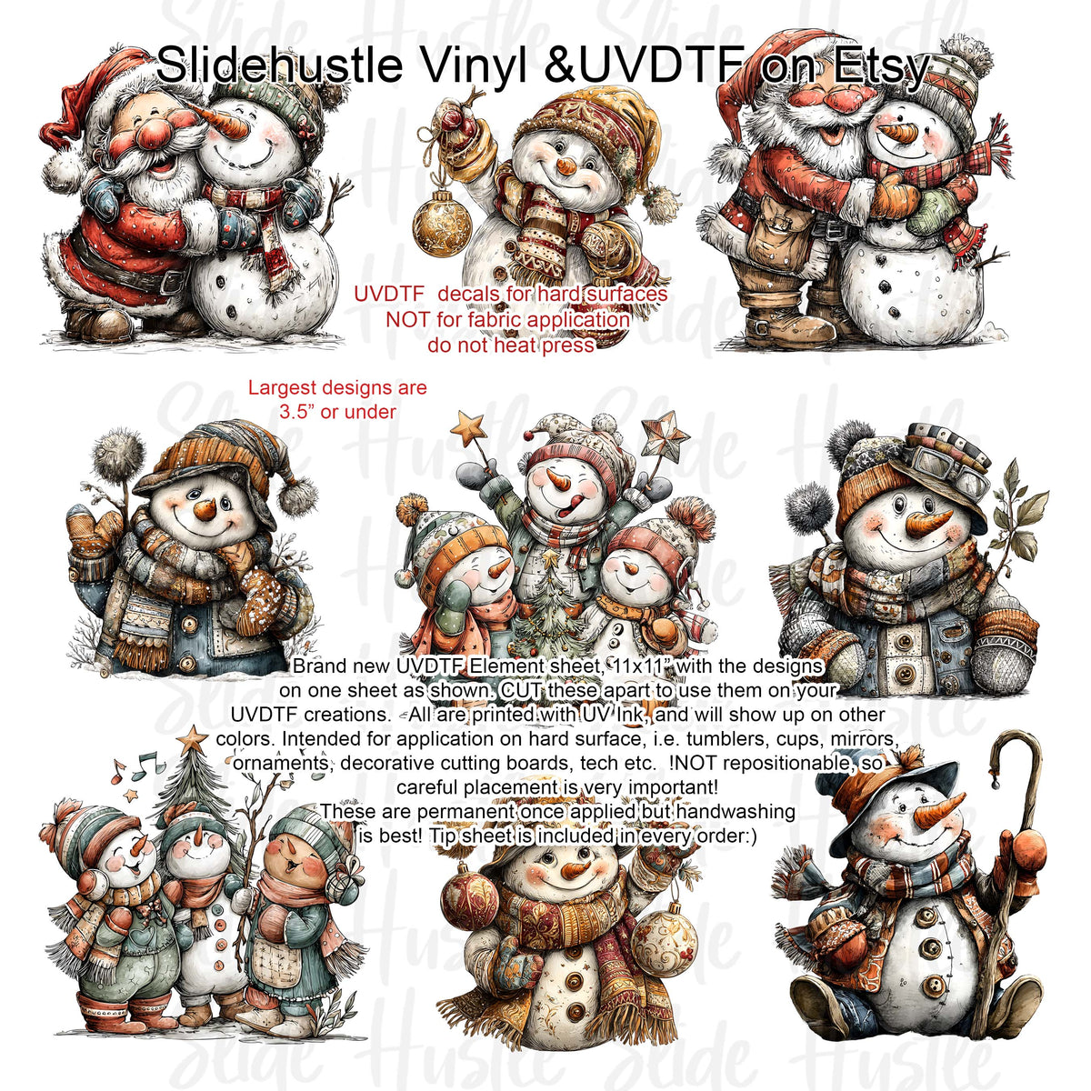 UVDTF Element Sheet, Christmas snowman, Santa , 11x11", VF731 ES7