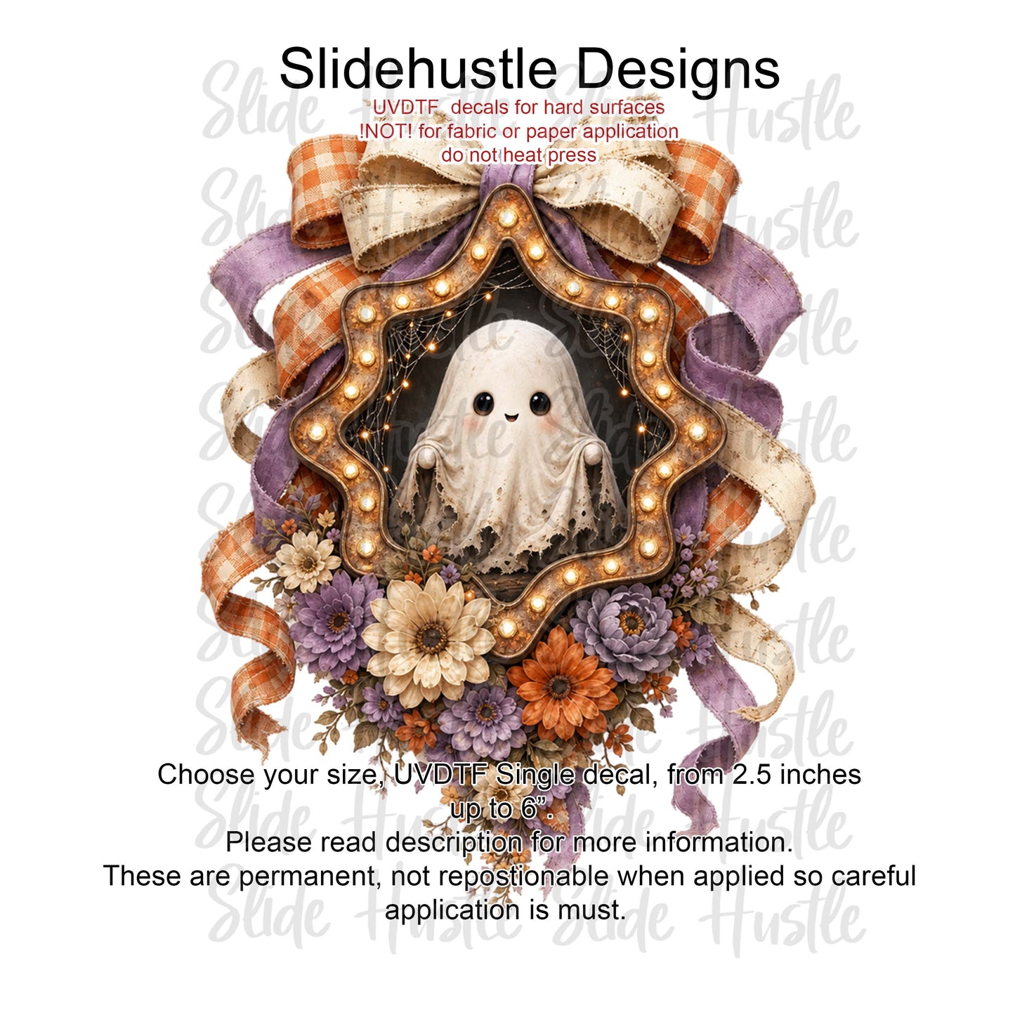 UVDTF Decal, Cute Ghost in Ribbon Marquee. VF904 D16