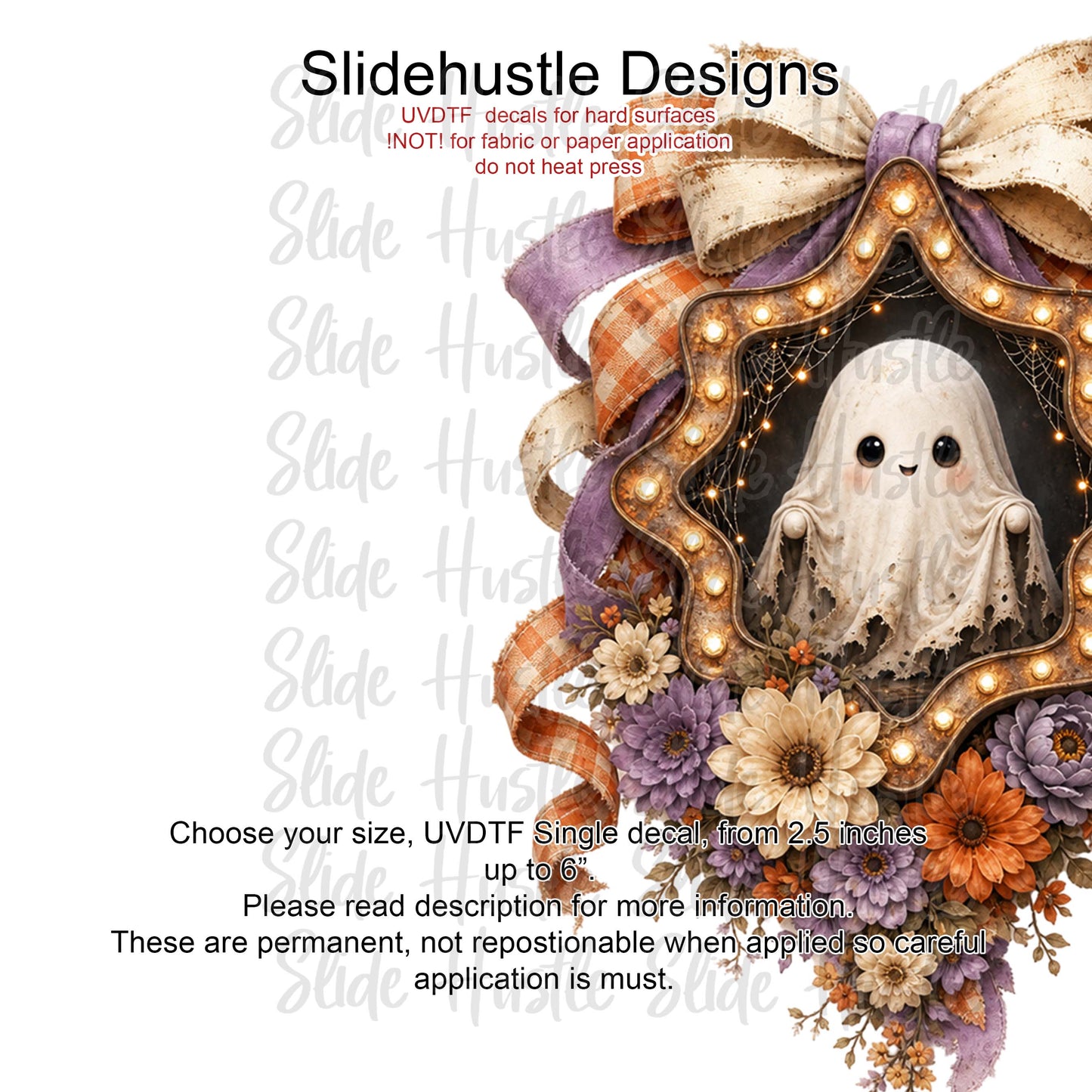 UVDTF Decal, Cute Ghost in Ribbon Marquee. VF904 D16