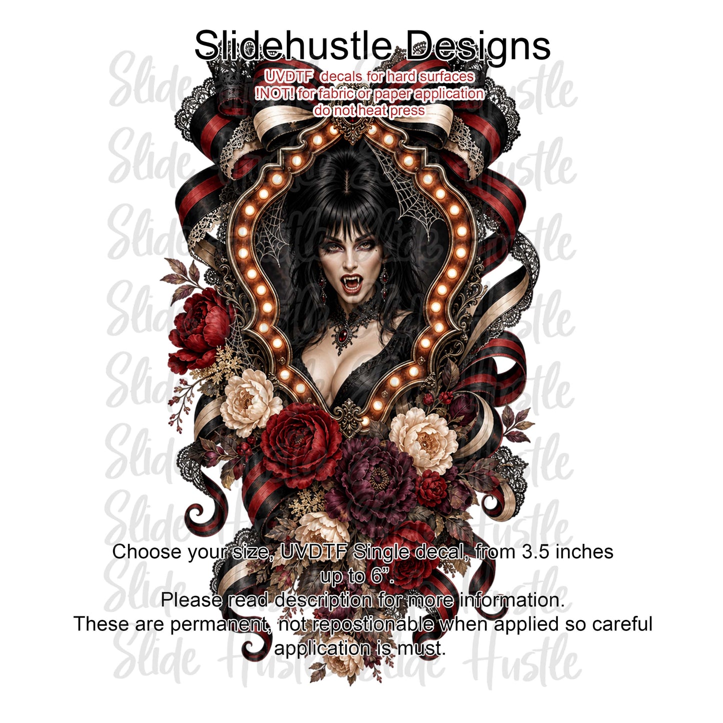 Halloween UVDTF Decal, Lady Vampire in Ribbon Marquee. VF904 D35
