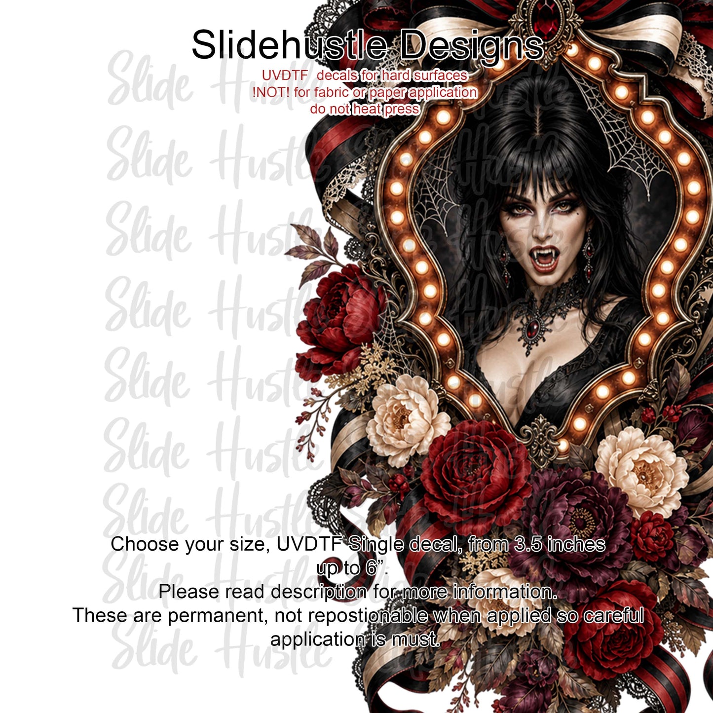 Halloween UVDTF Decal, Lady Vampire in Ribbon Marquee. VF904 D35