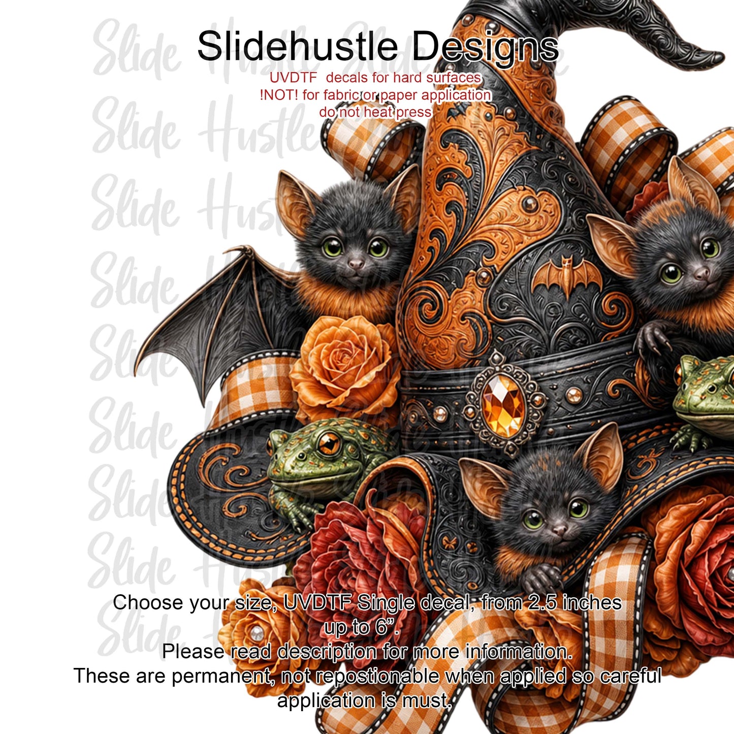Halloween UVDTF Decal, Witch's hat with bats and frogs, VF904 D44