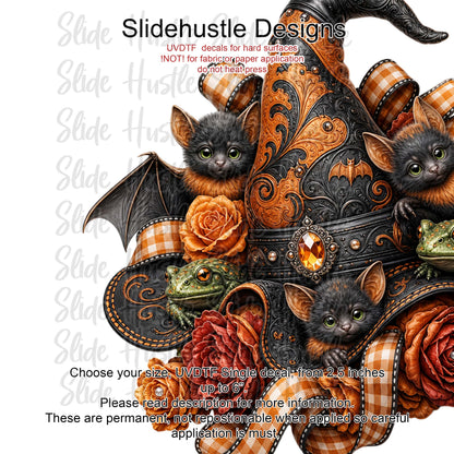Halloween UVDTF Decal, Witch's hat with bats and frogs, VF904 D44