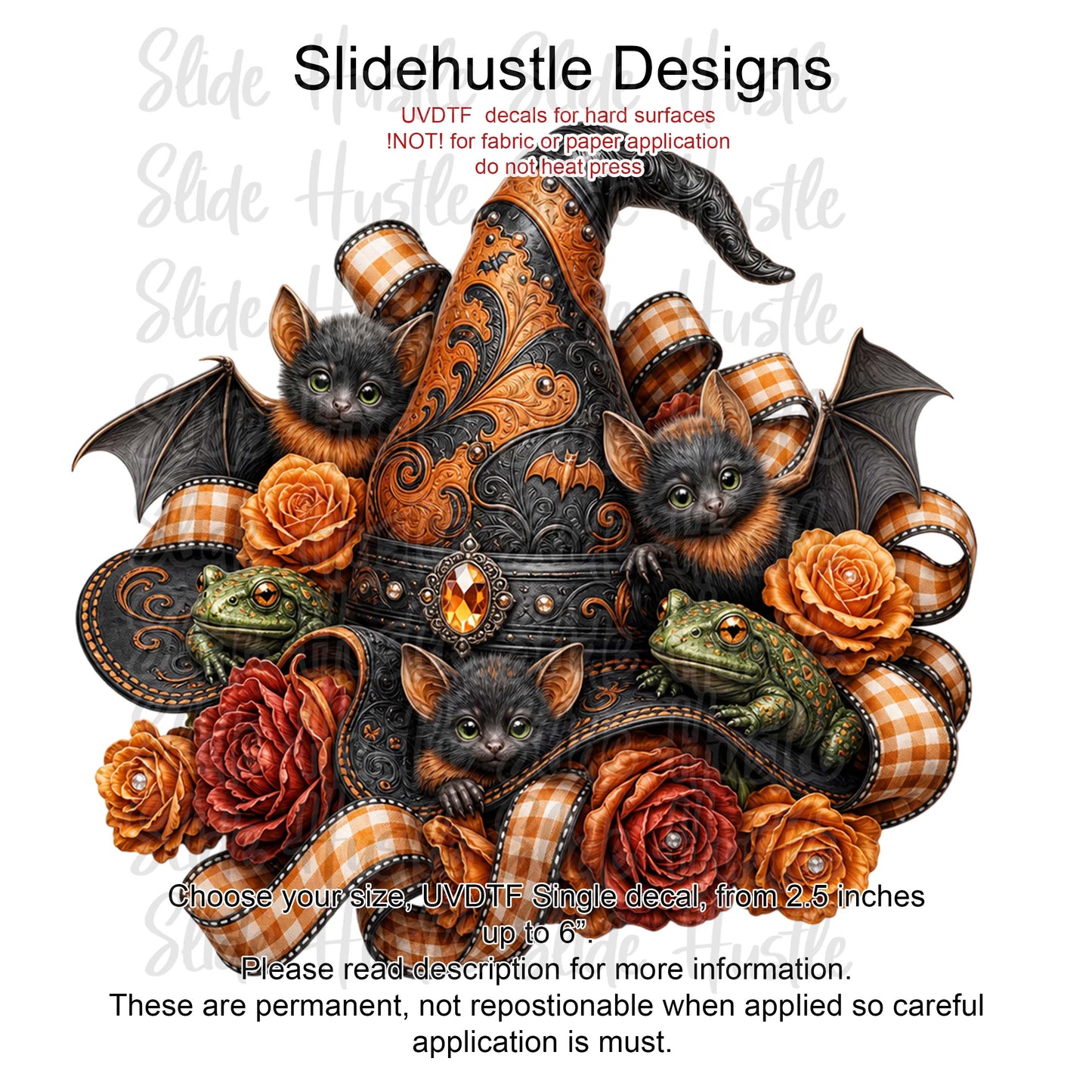 Halloween UVDTF Decal, Witch's hat with bats and frogs, VF904 D44