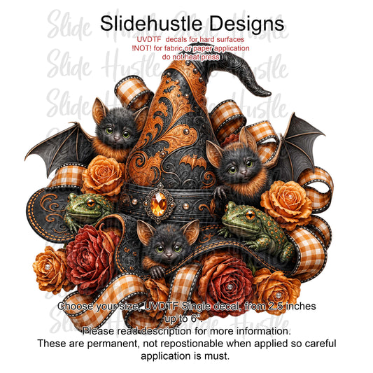 Halloween UVDTF Decal, Witch's hat with bats and frogs, VF904 D44