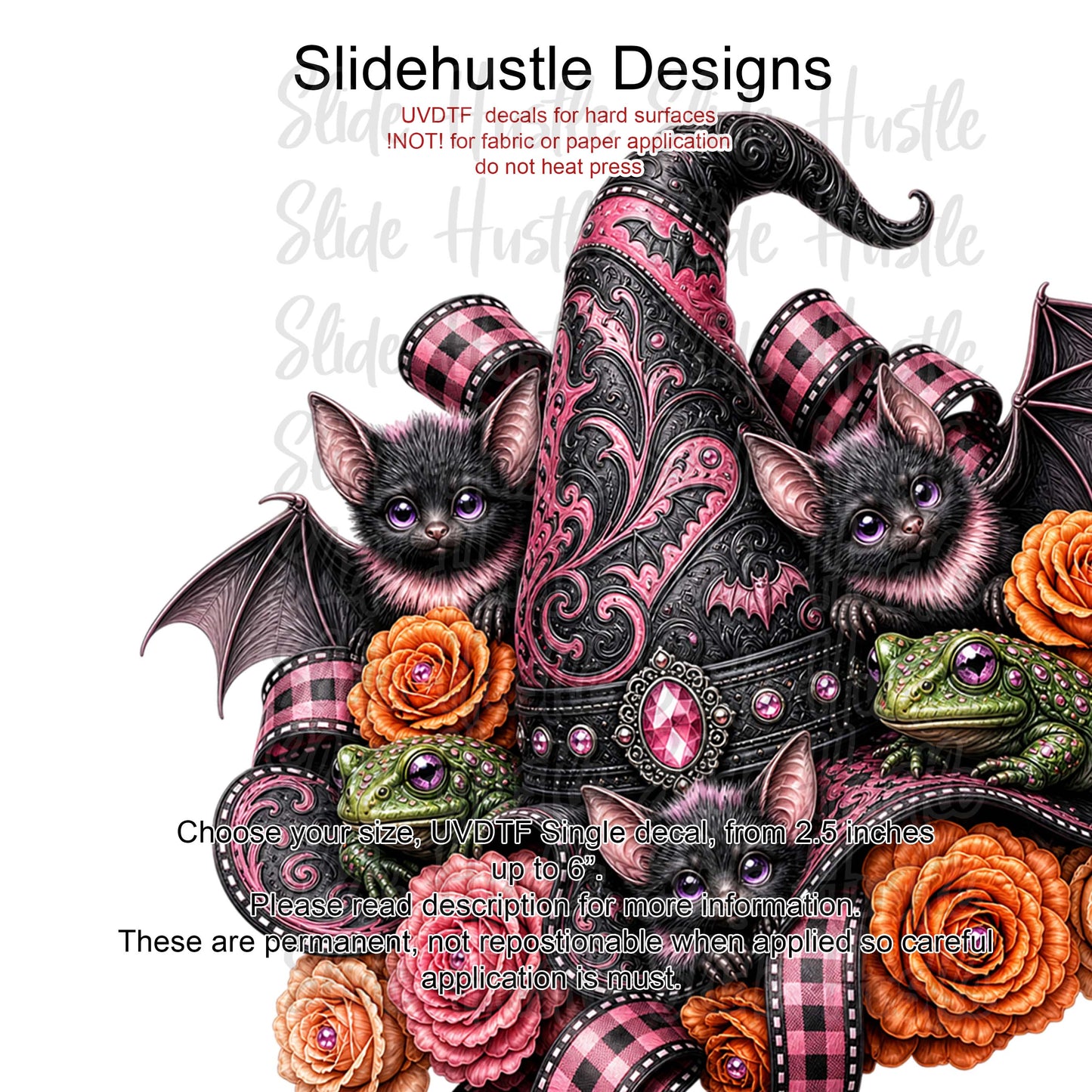 Halloween UVDTF Decal, Witch's hat with bats and frogs, VF904 D45