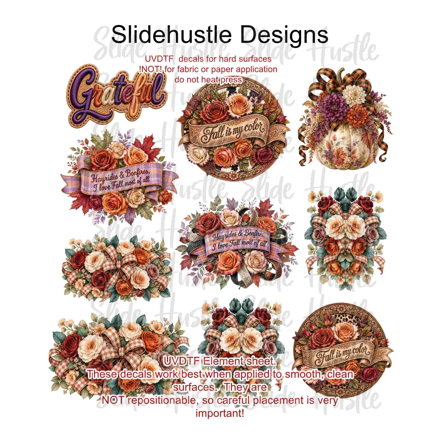 UVDTF Element Sheet, Fall florals, pumpkins, and banners, 11"x11", VF904 ES11
