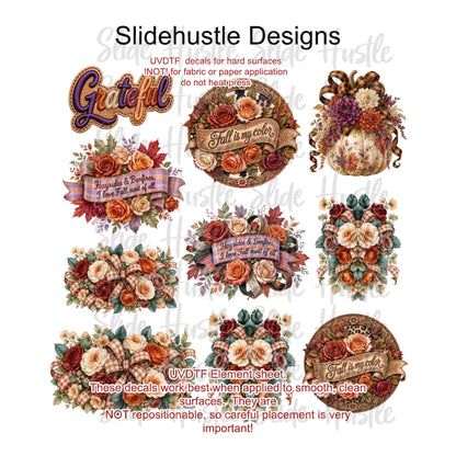 UVDTF Element Sheet, Fall florals, pumpkins, and banners, 11"x11", VF904 ES11